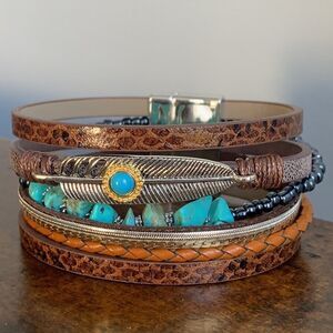 Western Layered Cuff Bracelet, Brown with Faux Turquoise
